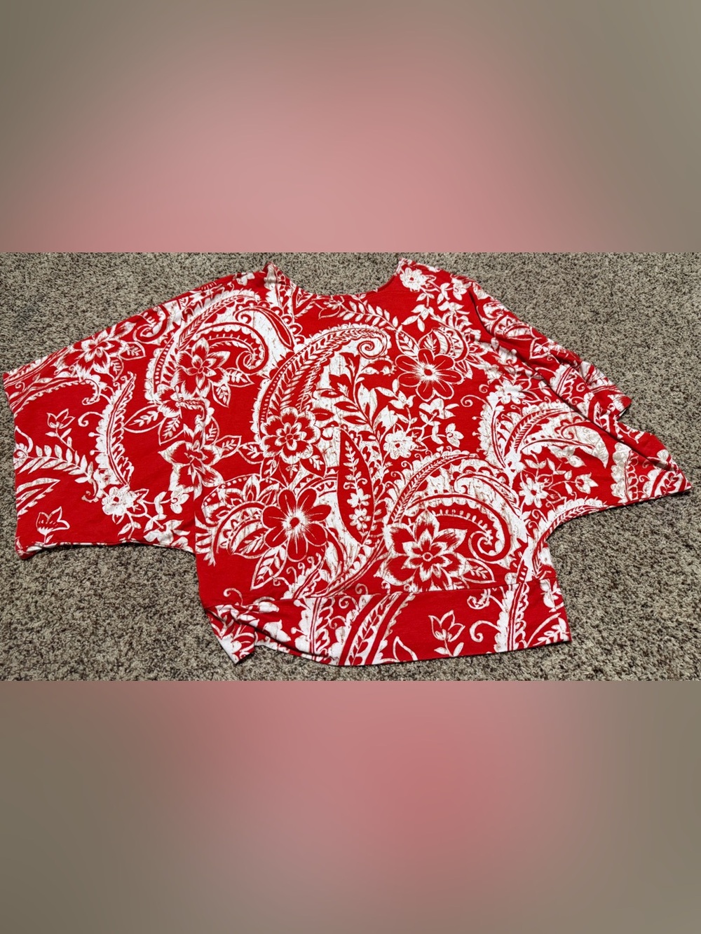 Chico’s Red White Paisley Boho Kimono Sleeve Top Size 1 EUC - Picture 6 of 6